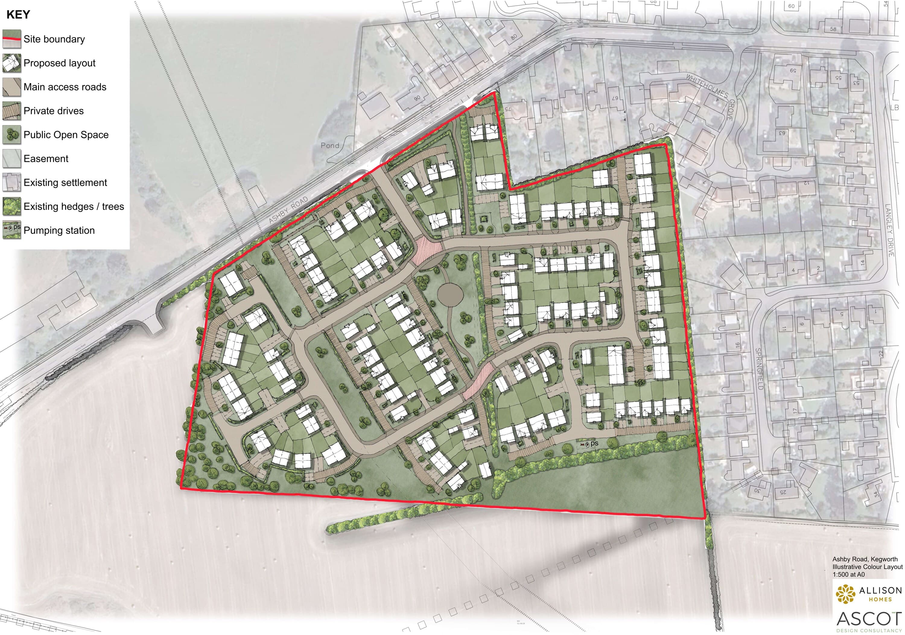 Illustrative colour masterplan for Land South of Ashby Road, Kegworth, showing the proposed layout of homes, access roads, private drives and public open space within the red-line site boundary
